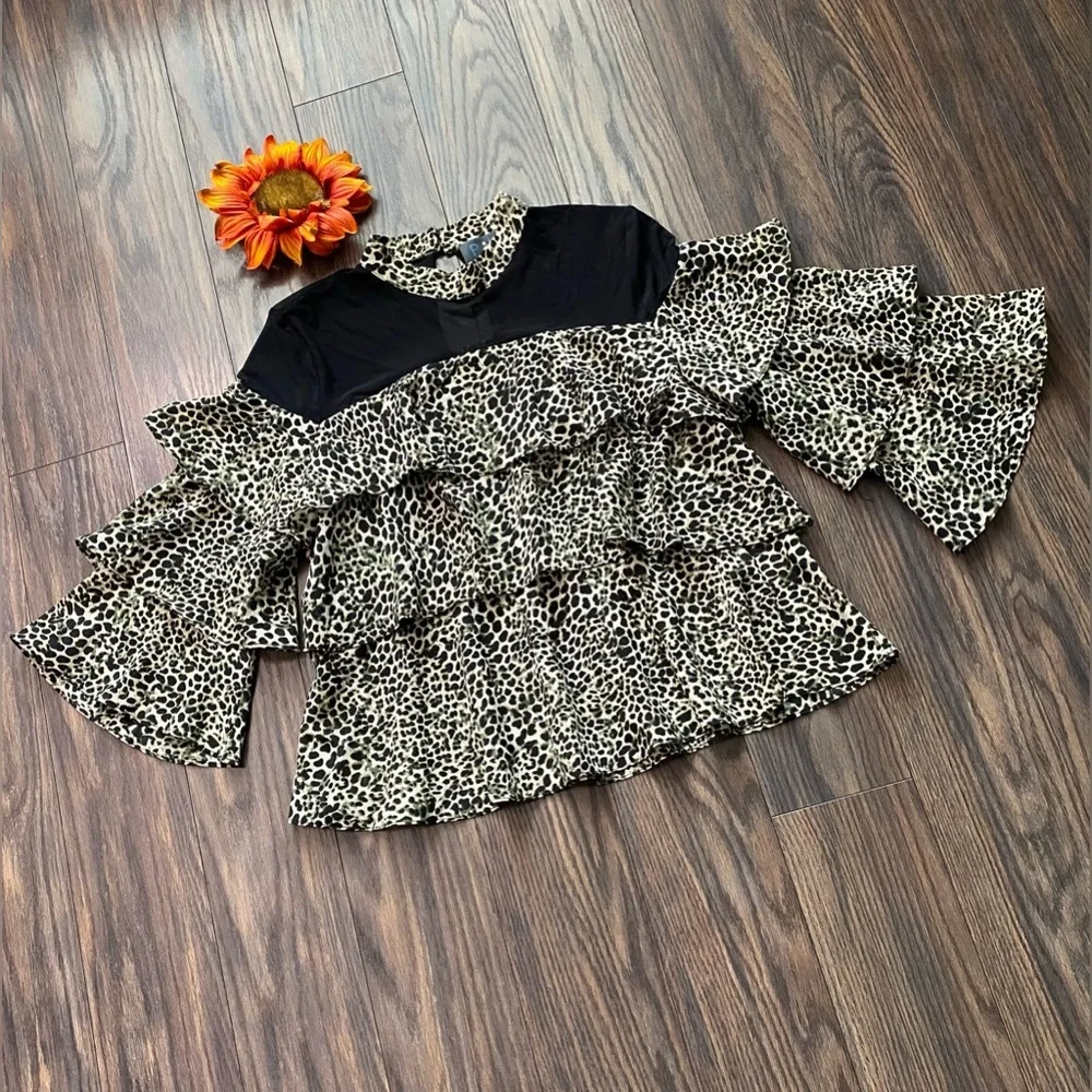 🦋B2G1🦋P•LUCA MILANO Tiered Ruffle Animal Print Mock Neck Blouse | MEDIUM | - Picture 7 of 9